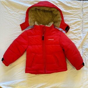 London Fog Vibrant Red Hooded Puffer Jacket Size 4T Fleece Lined Removable Hood